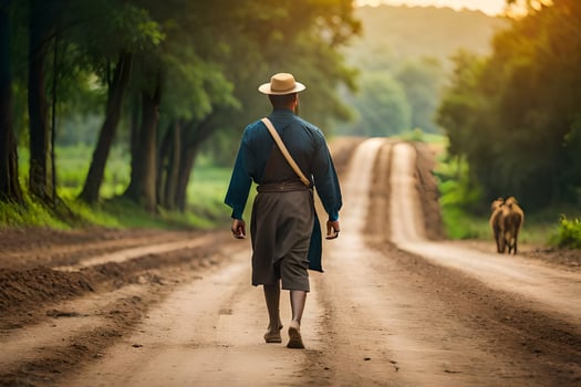 a man walking down a dirt road with a cow. AI-Generated photo