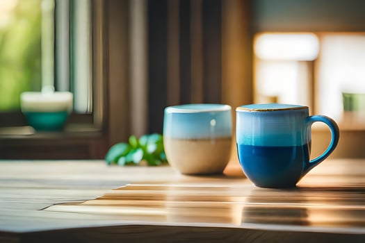 two coffee cups on a wooden table. AI-Generated photo