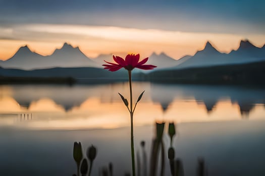 a flower stands in front of a lake and mountains. AI-Generated photo