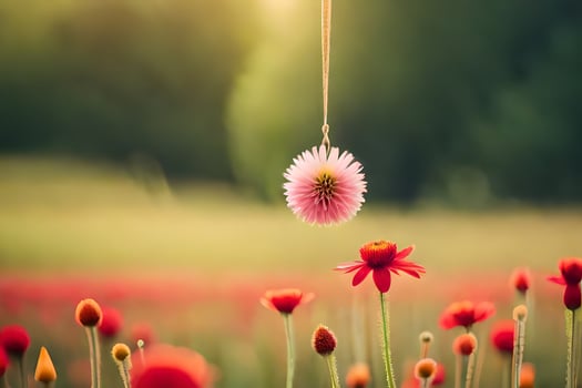a flower hanging from a string in a field. AI-Generated photo