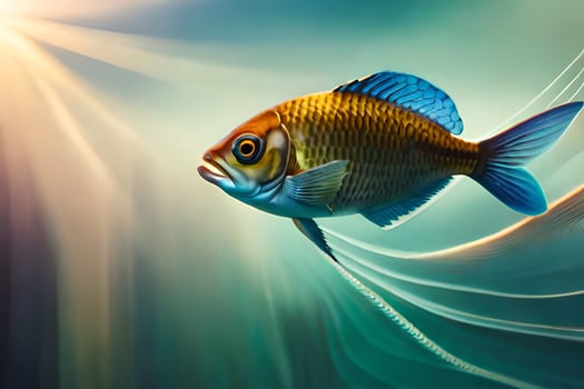 a fish swimming in the water with a sun shining. AI-Generated photo