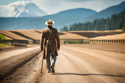 a man in a hat and coat walking down a dirt road. AI-Generated photo