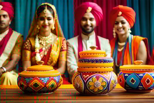indian wedding with colorful pots and bowls. AI-Generated photo