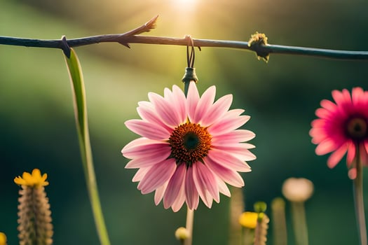 pink flowers on a wire with sun shining. AI-Generated photo