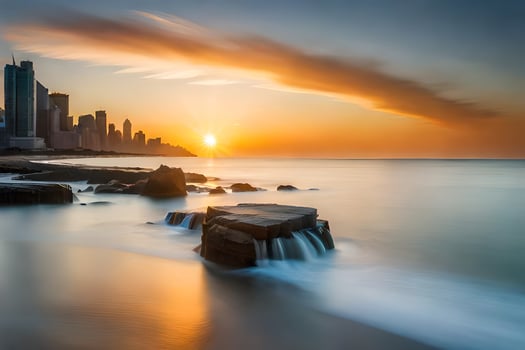 the sun sets over the city skyline in dubai. AI-Generated photo