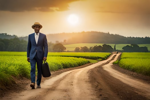 a man in a suit and hat walking down a dirt road. AI-Generated photo