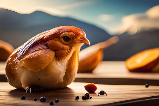 a bird sitting on top of a table with fruit and nuts. AI-Generated photo