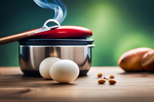 eggs in a pot on a table. AI-Generated photo