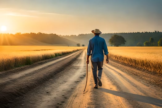 a man walking down a dirt road with a cane. AI-Generated photo