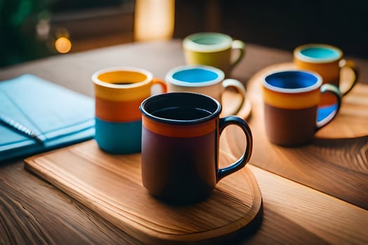 colorful coffee cups on a wooden table. AI-Generated photo