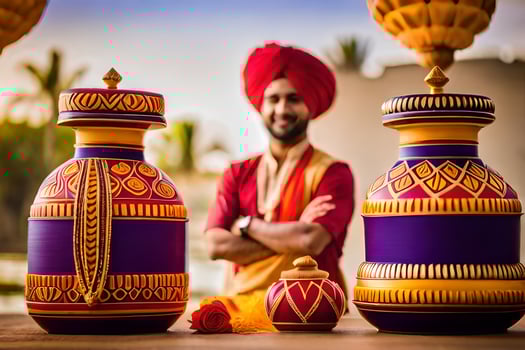 a man in a turban standing next to some colorful vases. AI-Generated photo