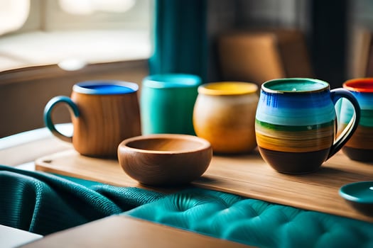 colorful mugs and cups on a wooden tray. AI-Generated photo