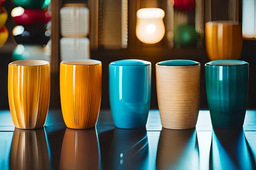 colorful cups lined up on a table. AI-Generated photo