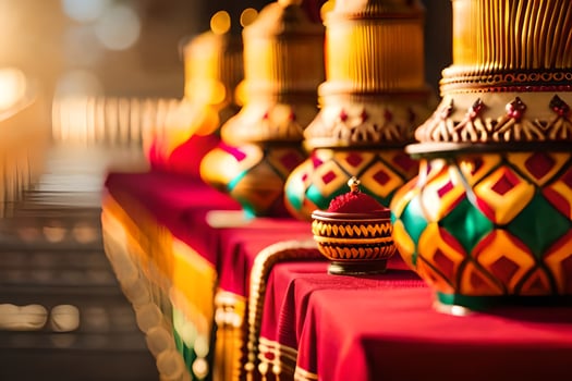 a row of colorful vases on a table. AI-Generated photo