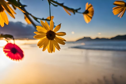 sunset and flowers on the beach. AI-Generated photo