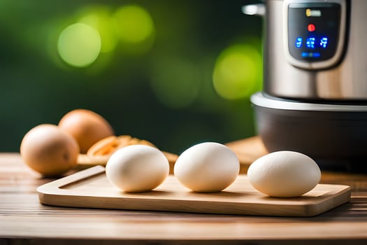eggs on a cutting board next to an instant pot. AI-Generated photo