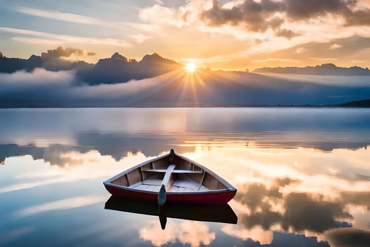 a boat sits on the water at sunset. AI-Generated photo