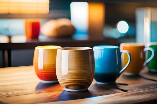 colorful coffee cups on a wooden table. AI-Generated photo