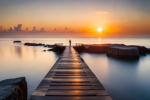 a man standing on a wooden pier at sunset. AI-Generated photo