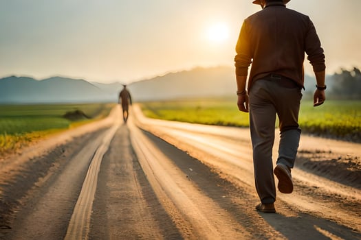 a man walking down a dirt road with the sun setting behind him. AI-Generated photo