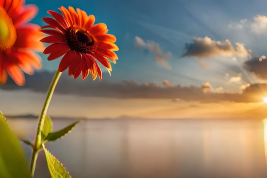 two red flowers are in front of the sun. AI-Generated photo