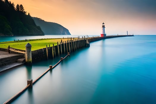 a long exposure photo of a lighthouse on the water. AI-Generated