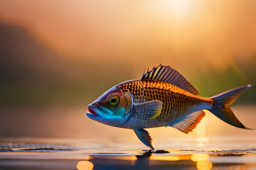 a fish is standing on the water at sunset. AI-Generated photo