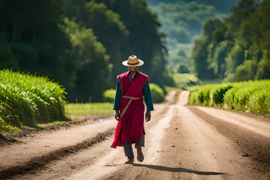 a man in a red robe and hat walking down a dirt road. AI-Generated photo
