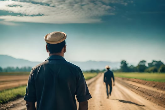 a man in a hat walking down a dirt road. AI-Generated photo