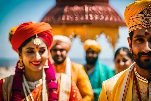a bride and groom in traditional indian attire. AI-Generated photo