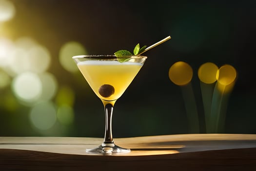 a cocktail with olives and mint on a wooden table. AI-Generated photo