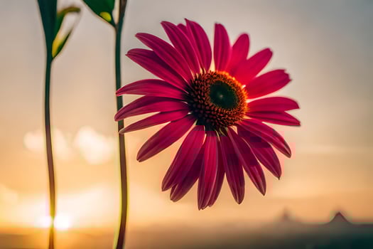 a pink flower is shown in front of a sunset. AI-Generated photo