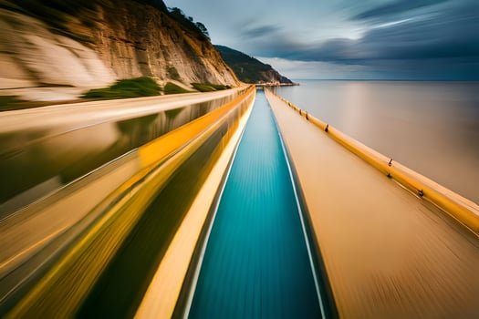 a long exposure photograph of a train going down a track. AI-Generated photo