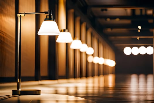 a long hallway with a lamp on the end. AI-Generated photo