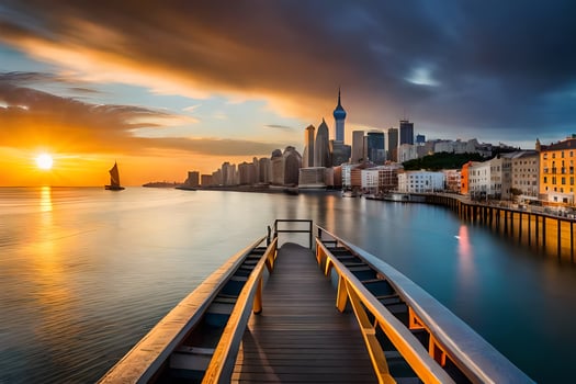 the sun sets over the city skyline in shanghai. AI-Generated photo
