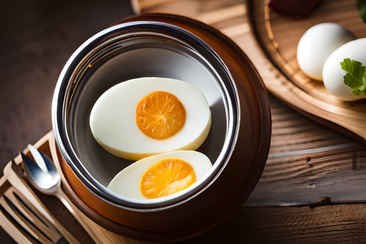 two hard boiled eggs in a bowl on a table. AI-Generated photo