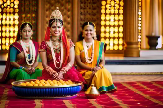three women in traditional indian attire sitting on a rug. AI-Generated photo
