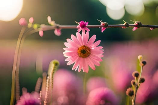 pink flowers in a field with sun shining. AI-Generated photo