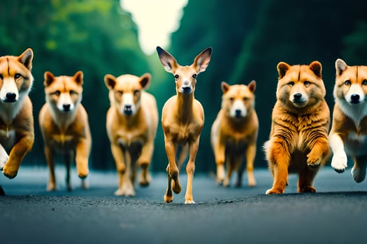 a group of deer running down the road. AI-Generated photo