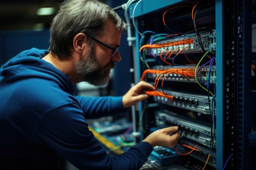 The system administrator configures the wires of the network equipment. Generative AI photo