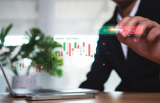 Stock market, Business growth, progress or success concept. Businessman or trader is showing a growing virtual hologram stock, invest in trading. photo