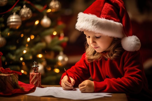 Little european girl writing letter to Santa, wish list of presents for Christmas in decorated room,  AI generated photo