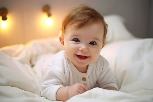 Little newborn baby boy smiling in crib,  AI generated photo