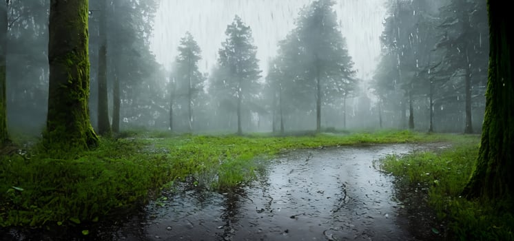 Path in the forest on a rainy day Mysterious wet forest remote countryside photo