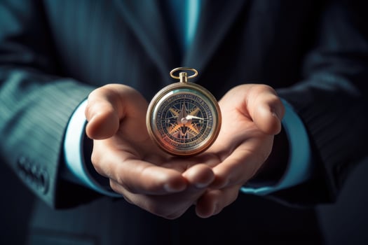 Businessman holding a compass in his hands. Close-up, Close up of businessman hand holding compass. Digital business concept, AI Generated photo