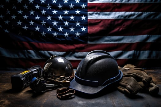American labor day concept with helmet, gloves and camera on the US flag background, Construction and manufacturing tools with patriotic US, USA, American flag on dark black background, AI Generated photo
