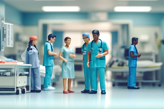 Miniature people Surgeon, doctor and patient in hospital, eam of doctors in the hospital. Background with selective focus, AI Generated photo