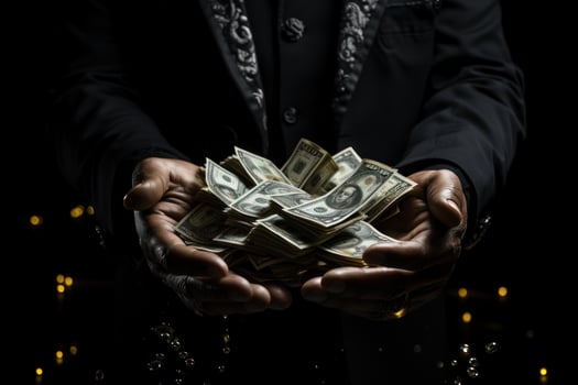 Businessman hands holding a lots of money as financial investor. Generative AI photo