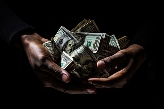 Businessman hands holding a lots of money as financial investor. Generative AI photo