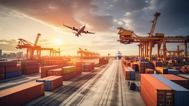 Container Cargo freight ship with working crane bridge in import export and logistics business and transportation concept. Generative AI photo